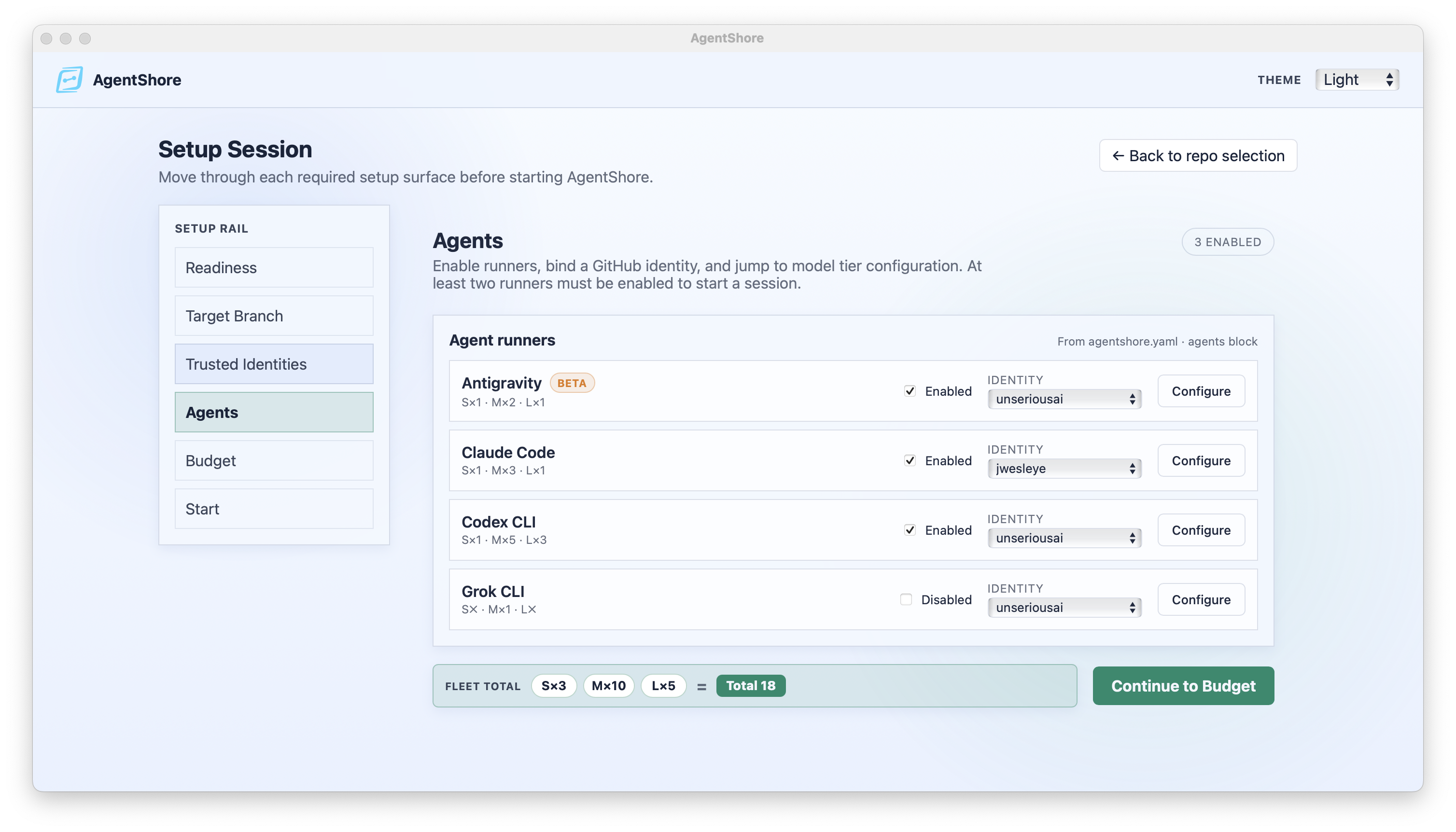 The AgentShore session setup screen, Agents step. An Agent runners panel sourced from the agentshore.yaml agents block lists Antigravity (S times 1, M times 2, L times 1) enabled, Claude Code (S times 1, M times 3, L times 1) enabled, Codex CLI (S times 1, M times 5, L times 3) enabled, and Grok CLI disabled. A fleet total bar reads S times 3, M times 10, L times 5, total 18.