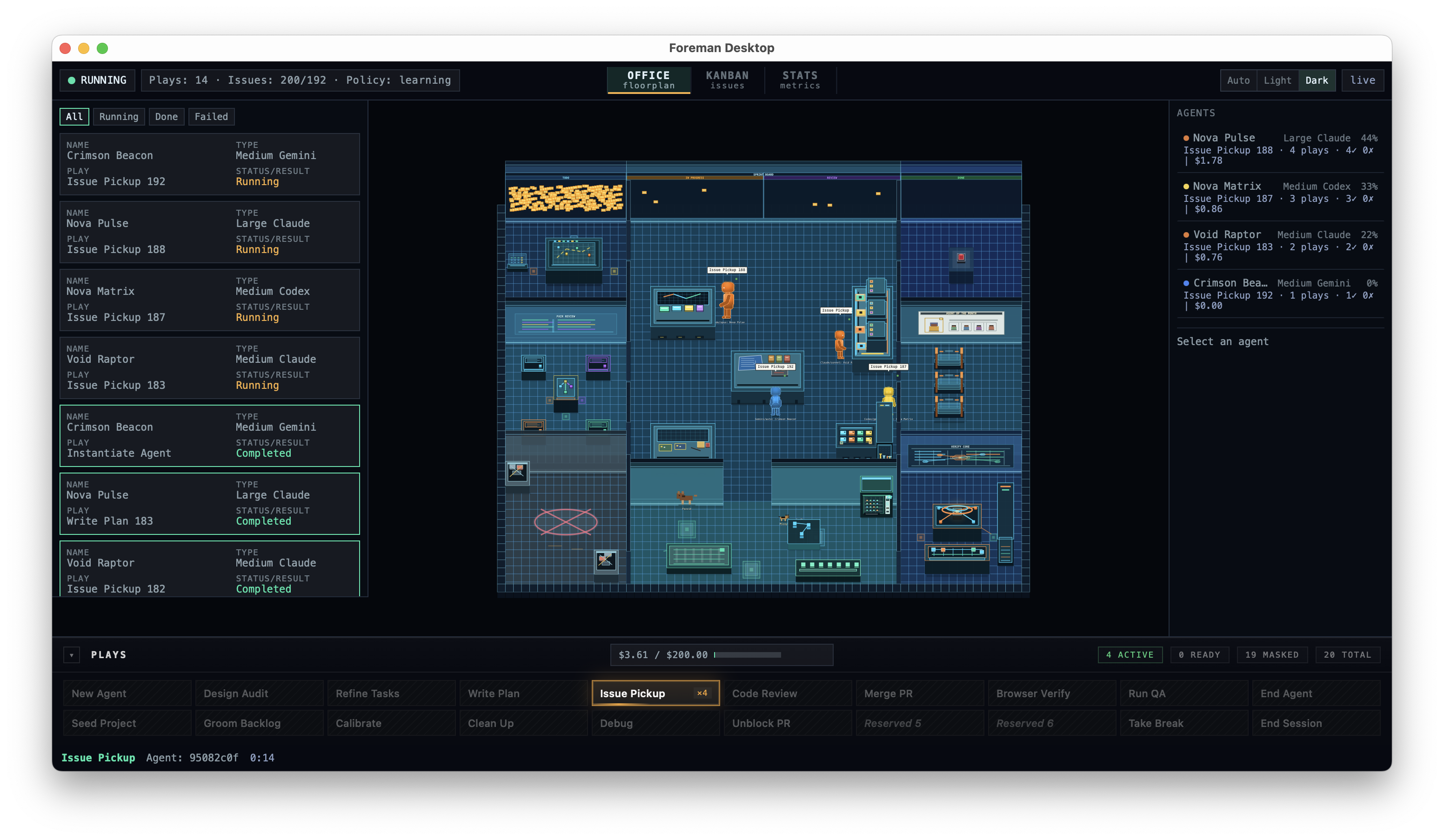 The Swink AgentShore Dashboard: a four-pane window with a play log on the left, a pixel-art office floorplan in the center, an agents roster on the right, and a plays palette across the bottom.