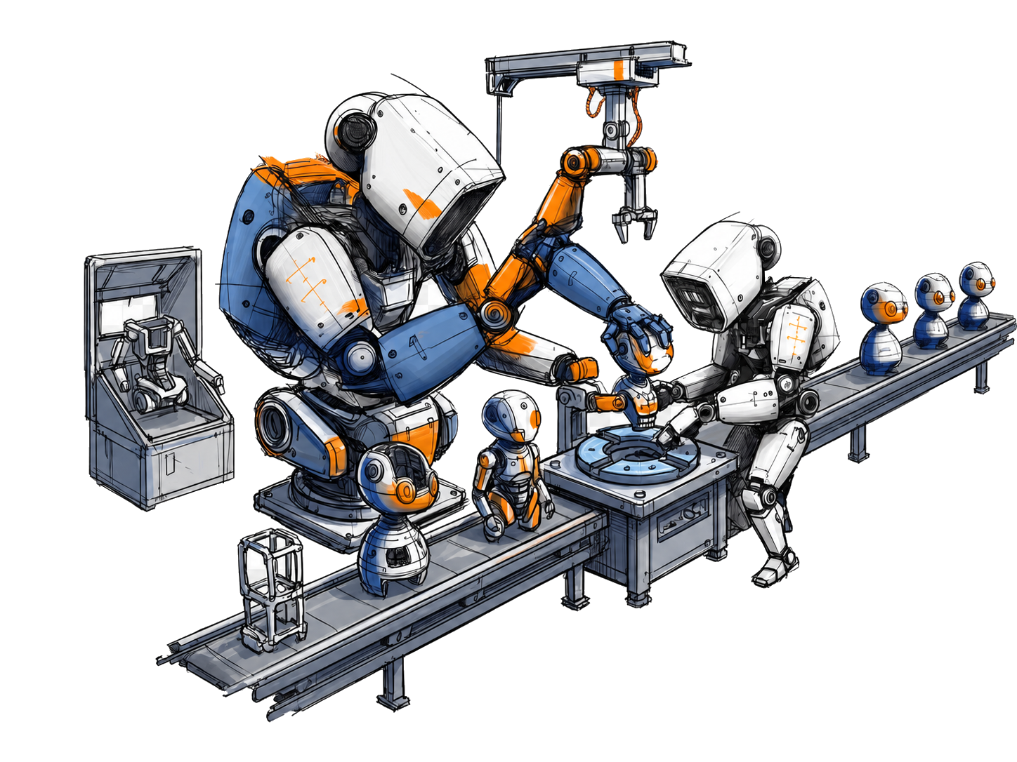 A large humanoid cobot orchestrating smaller assembly robots on a conveyor.